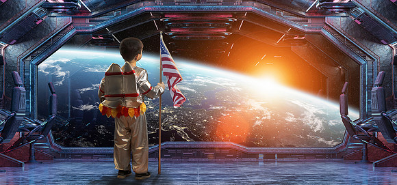 Grunge Spaceship interior with view on planet Earth 3D rendering